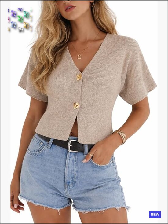 Sweaters - Cropped Short Sleeve V-Neck Button Front Knit Cardigan Top Lightweight Summer
